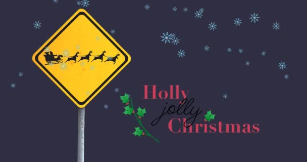 Animacja Świąteczne Pozdrowienia Tekst Nad Znakiem Drogowym Mikołajem Dekoracji Sań — Wideo stockowe