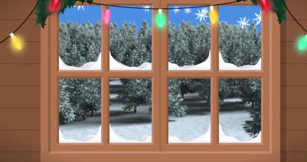 Анімація Різдвяних Зимових Пейзажів Снігу Падають Видно Крізь Вікно Різдво — стокове відео