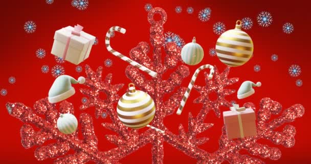 Animación Decoraciones Navideñas Copo Nieve Sobre Fondo Rojo Navidad Festividad — Vídeos de Stock