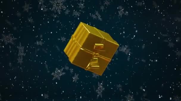Animazione Natale Oro Presente Neve Che Cade Sfondo Blu Scuro — Video Stock