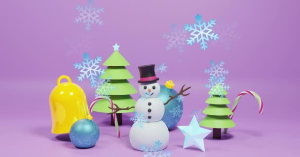 紫色の背景に雪だるまでクリスマスの装飾に落ちる雪のアニメーション クリスマス お祭り お祝い 伝統的なコンセプトデジタル生成ビデオ — ストック動画