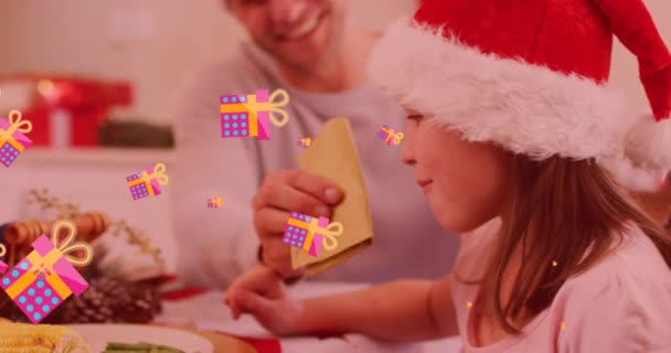 Animáció Karácsonyi Üdvözlet Sms Kaukázusi Apa Lánya Karácsonyi Vacsorán Karácsonyi — Stock videók
