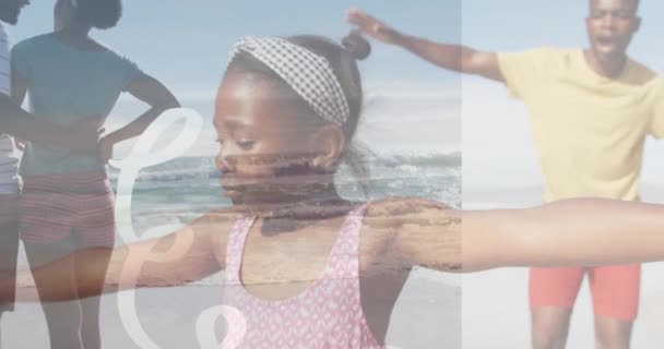 Анімація Форм Над Афроамериканською Сім Пляжі Абстрактний Фон Концепція Сім — стокове відео