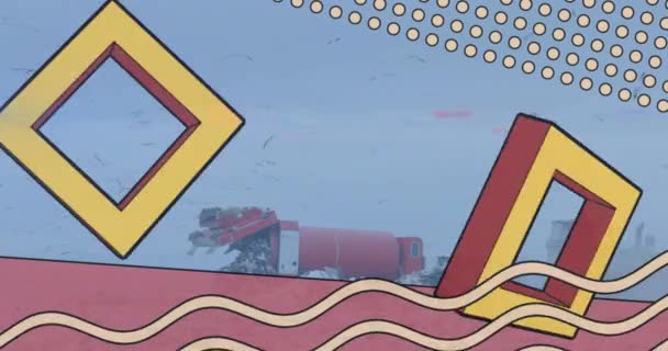 Animación Cuadrados Puntos Olas Patrón Sobre Basura Derramada Fuera Papelera — Vídeo de stock