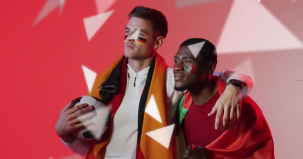 Animation Olika Manliga Supportrar Med Flaggor Portugal Och Tyskland Över — Stockvideo