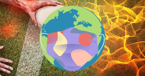 Анімація Земної Кулі Маскою Обличчя Над Американським Футбольним Ячем Global — стокове відео