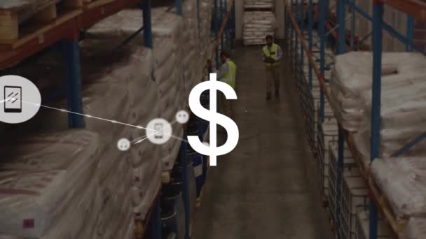 Dolar Sembolü Animasyonu Ambardaki Çeşitli Işçilerin Yüksek Açılı Görüntüsü Üzerine — Stok video
