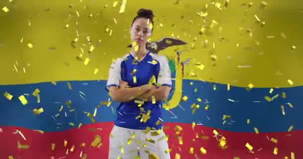 Kolombiya Bayrağı Üzerinde Çift Irklı Kadın Futbolcu Animasyonu Küresel Spor — Stok video