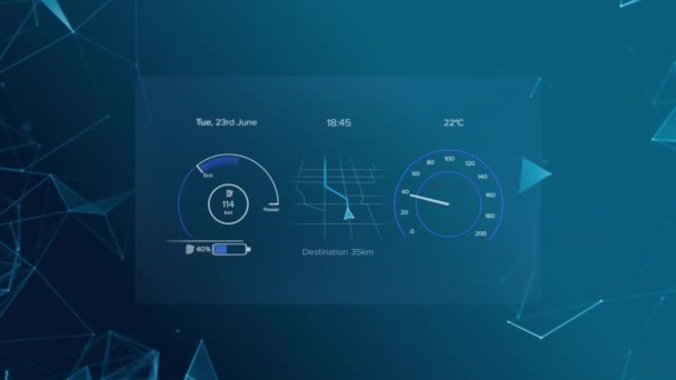 Animacja Sieci Połączeń Poprzez Interfejs Pojazdu Elektrycznego Niebieskim Tle Dane — Wideo stockowe