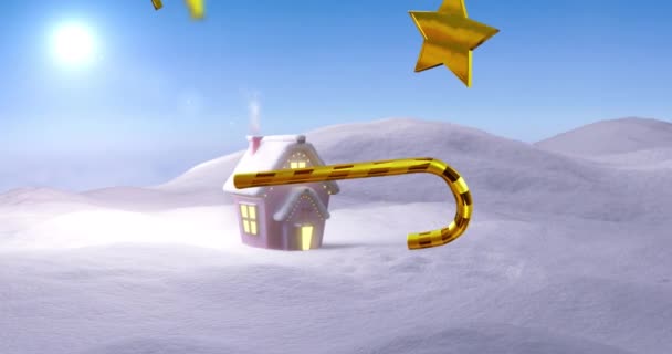Animazione Stelle Natale Bastoncini Zucchero Neve Casa Nel Paesaggio Invernale — Video Stock