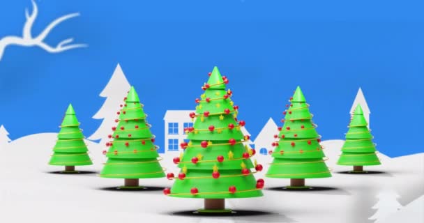 Animación Árboles Navidad Girando Casas Decoraciones Blancas Sobre Fondo Azul — Vídeo de stock