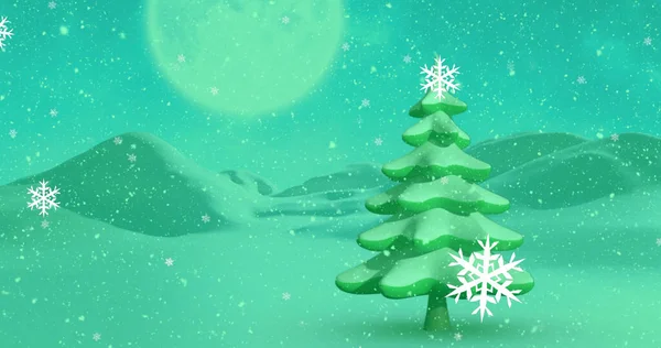 Εικόνα Πράσινου Χειμερινού Τοπίου Δέντρα Νιφάδες Χιονιού Και Βουνά Χριστούγεννα — Φωτογραφία Αρχείου