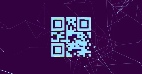 Qrコードがデータのスキャンと処理を点滅し 紫の背景にネットワークとデジタルインターフェイスの画像 オンラインセキュリティコンセプトデジタル生成画像 — ストック写真
