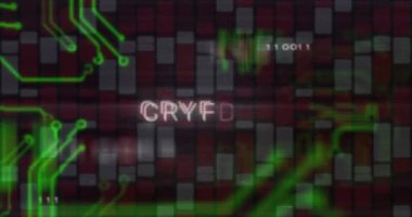 Şifreli metin animasyonu, x sembolü, arka plandaki kırmızı ve beyaz çubuklar üzerinde devre kartı dokusu. Dijital olarak üretilen, hologram, para birimi, bankacılık, finans ve teknoloji kavramı.