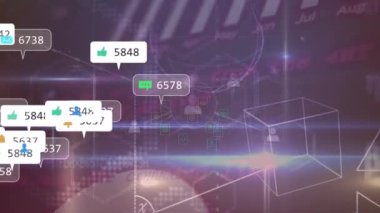 Veri işleme üzerinde numaraları olan bağlantı ağının ve sosyal medya simgelerinin animasyonu. Küresel teknoloji, bağlantılar ve dijital arayüz konsepti dijital olarak oluşturulmuş video.