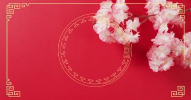 Kırmızı arka planda çin deseni ve çiçek deseni animasyonu. Çin yeni yılı, şenlik, kutlama ve geleneksel konsept dijital olarak oluşturulmuş video.