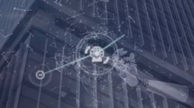 İkonlarla, robot kolu ve ofis binasıyla bağlantı ağının animasyonu. Küresel iş, finans, veri işleme ve bağlantılar konsepti dijital olarak oluşturulmuş video.