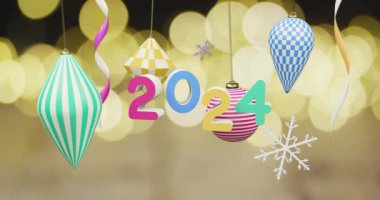 Arka planda 2024 metin ve noel dekorasyonunun animasyonu. Yeni yıl, Noel, şenlik, kutlama ve gelenek konsepti dijital olarak oluşturuldu.