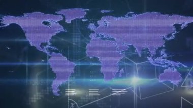Dünya haritası ile bağlantı ağının animasyonu ve kara arkaplanda veri işleme. Küresel teknoloji, bağlantılar ve dijital arayüz konsepti dijital olarak oluşturulmuş video.