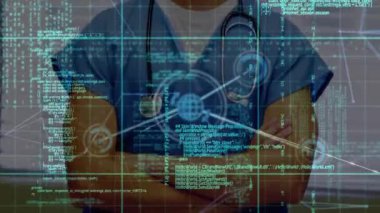 Kafkas erkek doktor üzerinde veri işleme animasyonu. Küresel tıp ve dijital arayüz kavramı dijital olarak oluşturulmuş video.