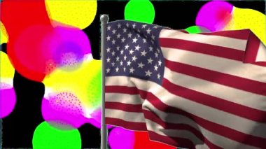 Şekiller ve siyah arka planda havai fişek üzerine Amerikan bayrağı animasyonu. Yeni yıl, parti ve kutlama konsepti dijital olarak oluşturuldu.