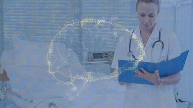 Kafkasyalı kadın doktor yerine dijital beyin animasyonu. Küresel tıp, sağlık ve dijital arayüz kavramı dijital olarak üretilen video.