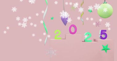 Arka planda 2025 metin ve noel dekorasyonunun animasyonu. Yeni yıl, Noel, şenlik, kutlama ve gelenek konsepti dijital olarak oluşturuldu.