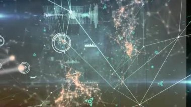 Veri işleme ve şehir manzarası üzerindeki bağlantı ağının animasyonu. Dijital olarak oluşturulmuş küresel bağlantılar, bilgisayar ve dijital arayüz kavramı.