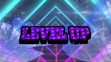Animation of level up text over shapes. Social media and digital interface concept digitally generated video.