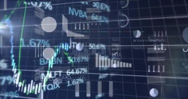 Borsa animasyonu ve mavi arka planda istatistiksel veri işleme. Küresel ekonomi ve iş teknolojisi kavramı