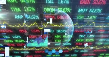 Borsa ve istatistiksel veri işleme animasyonları mavi arka planda bir dünya üzerinde. Küresel ekonomi ve iş teknolojisi kavramı