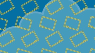 Mavi arkaplandaki bulutların üzerindeki siyah tahta simgelerinin canlandırılması. Okula, eğitime ve dijital arayüz konseptine dijital olarak oluşturulmuş video.