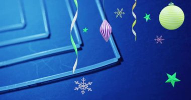 Parti flamaları ve Noel süslemeleri animasyonu. Yeni yıl, Noel, şenlik, kutlama ve gelenek konsepti dijital olarak oluşturuldu.