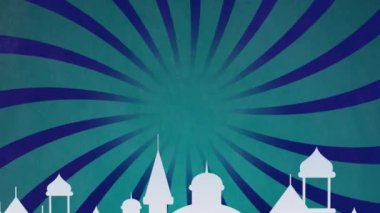 Yeşil zemin üzerinde şehir silueti olan fenerlerin ve yıldızların animasyonu. Soyut arkaplan, şablon ve hareket kavramı dijital olarak oluşturuldu.