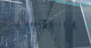 Animation of mathematical equations and data processing over server room. Global technology, computing and digital interface concept digitally generated video.