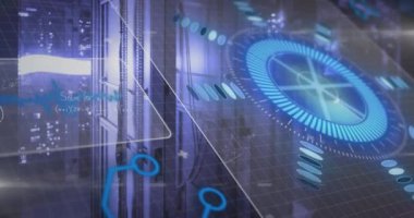 Sunucu odasında veri işleme animasyonu. küresel iş ve dijital arayüz kavramı dijital olarak oluşturulmuş video.