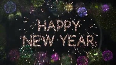 Siyah arka planda havai fişek eşliğinde yeni yıl mesajlarının animasyonu. Yeni yıl, parti ve kutlama konsepti dijital olarak oluşturuldu.