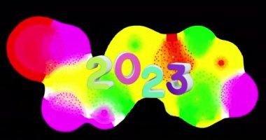 Hareket eden şekillerle ilgili 2023 metnin animasyonu. Yeni yıl, kutlama ve dijital arayüz kavramı dijital olarak oluşturulmuş video.