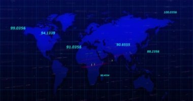 Donanma uzayındaki rakamların ve dünya haritasının animasyonu. Küresel finans ve ekonomik kriz kavramı dijital olarak üretilen video.