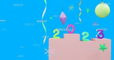 Arka planda 2023 yılbaşı süslemeleri ve metin animasyonu. Yeni yıl, Noel, şenlik, kutlama ve gelenek konsepti dijital olarak oluşturuldu.