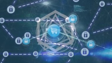 Siyah arkaplanda veri işleme üzerine simgelerle bağlantı ağının animasyonu. Dijital olarak oluşturulmuş küresel bağlantılar, teknoloji ve dijital arayüz kavramı.