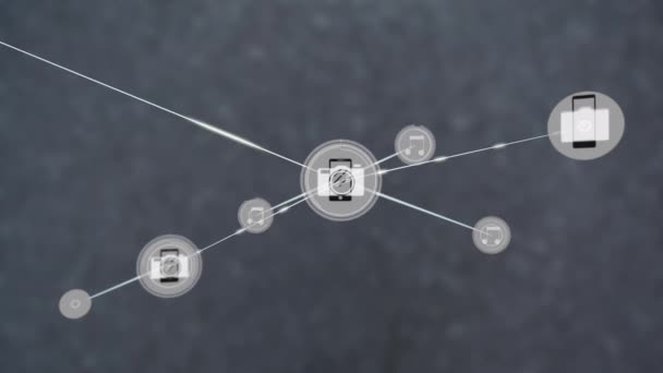 Анимация Сети Соединений Иконками Сером Фоне Концепция Глобальных Соединений Вычислительных — стоковое видео