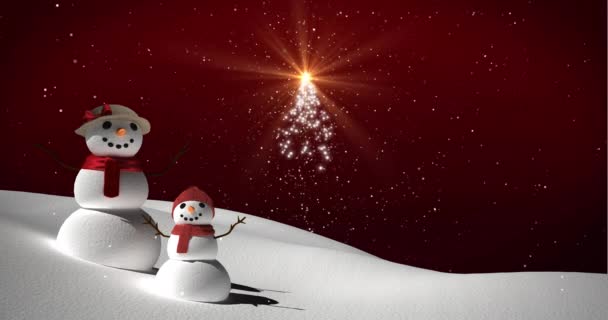 Animace Vánočního Stromku Sněhuláků Sněhu Padajícího Zimní Krajině Vánoce Svátky — Stock video