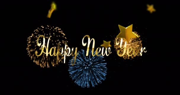 Animatie Van Gelukkig Nieuwjaar Begroet Tekst Sterren Vuurwerk Oudejaarsavond Festiviteit — Stockvideo