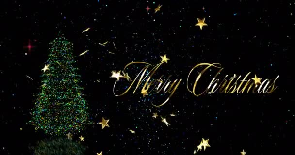 Animacja Świątecznych Pozdrowień Tekst Nad Choinką Złotymi Gwiazdami Boże Narodzenie — Wideo stockowe