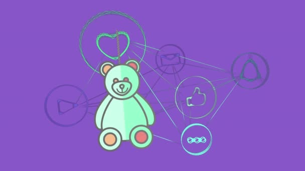 Animatie Van Teddybeer Opknoping Pictogrammen Verbonden Met Lijnen Paarse Achtergrond — Stockvideo
