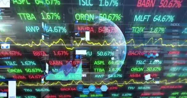 Animation Stock Market Statistical Data Processing Globe Blue Background Global — Stock Video