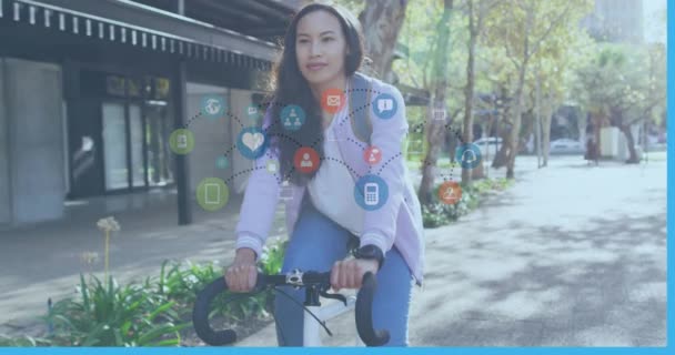 Анімація Піктограм Соціальних Мереж Бізнес Даних Щодо Велогонки Жінок Концепція — стокове відео
