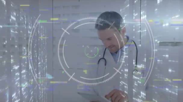 Animation Data Processing Caucasian Male Doctor Smiling Global Medicine Digital — Vídeo de Stock