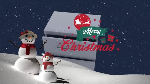 Animace Sněhu Sněhuláka Dárkové Krabice Santy Saních Kruhu Veselý Vánoční — Stock video
